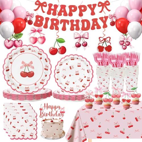 Cherry Birthday Decorations, 182Pcs Cherry Plates Napkins Cups Forks Tablecloth Banner Hanging Swirls Cupcake Toppers and Ballons for Cherries Themed Party Decorations by WelcometoCaisehabu