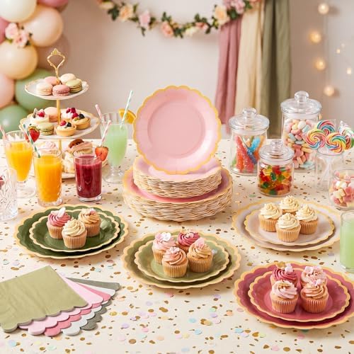 Zhehao 150 Pcs Sage Green Dusty Pink Paper Plates Napkins Serves 50 - Image 2