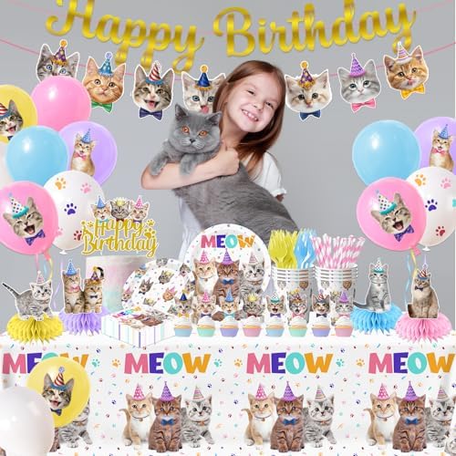 Cat Birthday Decorations,189pcs Cat Party Decorations cat Birthday Plates and Napkins Cups Tablecloth Cake Topper Hanging Swirls Centerpiece Balloon for Ca t Party Supplies - Image 2