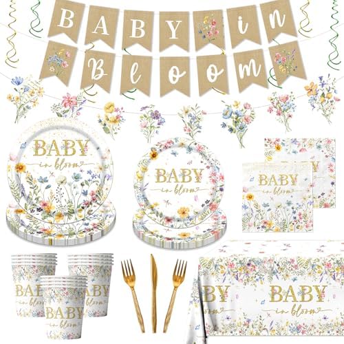 178Pcs Baby in Bloom Baby Shower Decorations-Wildflower Paper Plates and Napkins Kit Girls Floral Baby Shower Dinnerware Serves 24 by CMUSKO