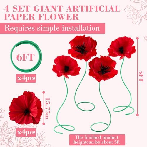4 Pcs 5ft Giant Red Poppy Flower Back to School Decor - Image 2