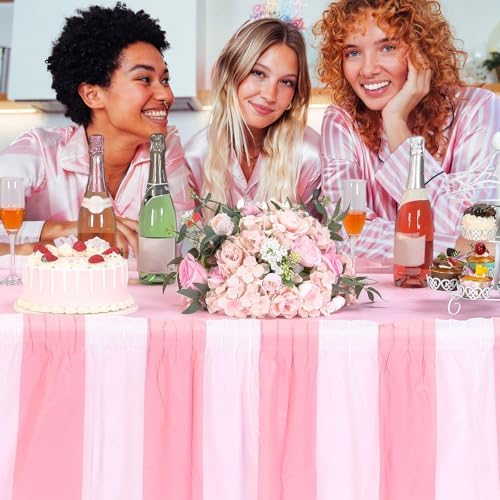 Remagr 3 Pack Pink Carnival Table Skirt Party Decorations Pink and White Striped Table Skirts Disposable Carnival Decorations for Circus Party Decor Wedding Baby Shower Supplies, 29" x 14 ft - Image 6