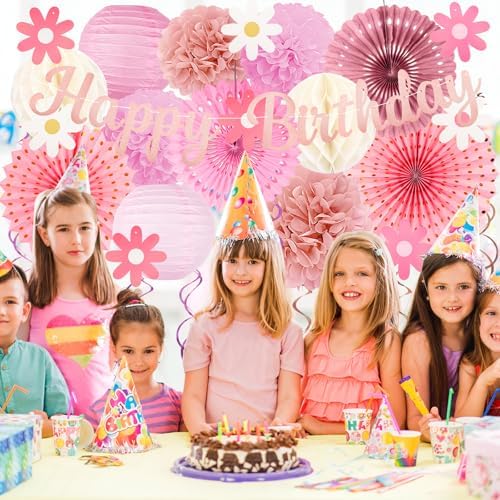 Pink Birthday Party-Decorations - 29pcs Beige Rose Gold Party Decorations for Women Girls, Happy Birthday Banner Paper Daisy Flower Streamers Lanterns Tissue Pom Poms - ZERODECO - Image 6
