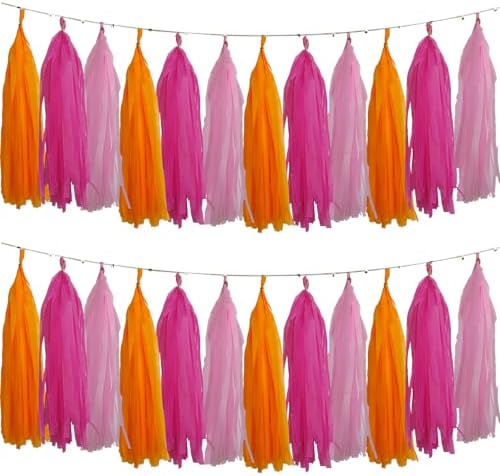 We Moment Pink Orange and Rose red Tassel Garland Banner Paper Tassels for Pink Orange Party Decorations,Pack of 15 by We+Moment