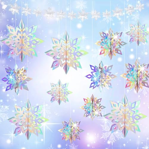 24 PCS Snowflake Christmas Hanging Party Decor Supplies,12 PCS 3D Glittery Snowflakes &12PCS 3D White Paper Snowflakes Hanging Garland for Christmas Winter Holiday New Year Wonderland Party Decoration by Mooduuty