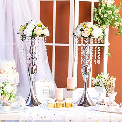 Sziqiqi Silver Floral Centerpiece Riser with Crystal Beads, 10Pcs - Image 4