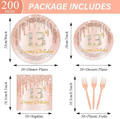 200 PCS Rose Gold 13th Birthday Party Plates Napkins Pink 13th Tableware Set for Happy 13 Years Old Birthday Decorations Dessert Plates Forks Serve 50 Guests for Girls 13 Years Old Party Supplies - Image 2