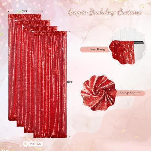 PartyDelight Red Sequin Backdrop Curtains 2x8ft 4 Panels - Image 2