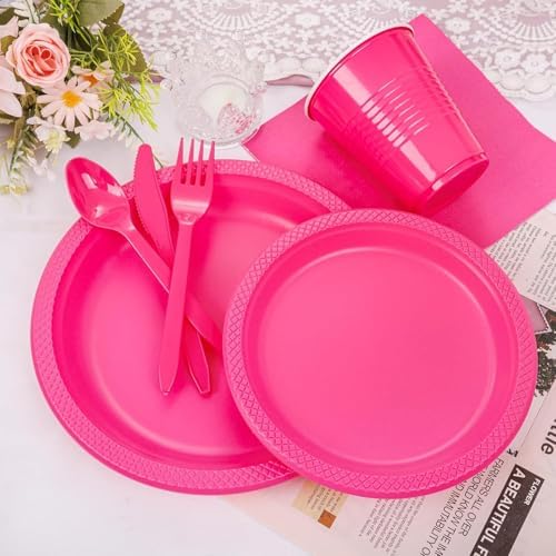 WELLIFE 210Pcs Hot Pink Plastic Plates, Pink Disposable Plates for Party - Image 4