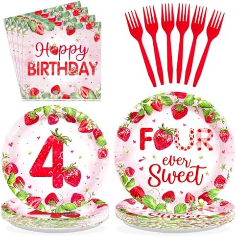 Grencian 96Pcs Strawberry 4th Birthday Party Decoration, Serve 24 by Grencian