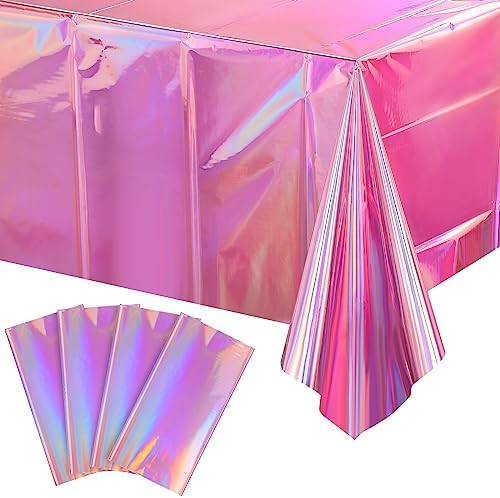 4 Pack Iridescent Pink Plastic Tablecloths, FunnyPars Shiny Disposable Laser Rectangle Table Covers, Holographic Foil Tablecloth Iridescent Party Decorations for Kpop Birthday Wedding Xmas, 54x108Inch by EnjoyYourFunnyParties
