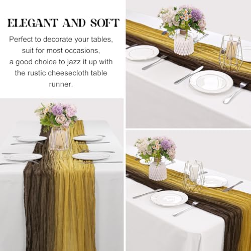 10Ft Cheesecloth Table Runner Boho Gauze Rustic Tie-Dye Long Vintage Romantic Table Runner for Wedding Bridal Shower Party Decor (Mustard Yellow Coffee 1 Pack) - Image 3