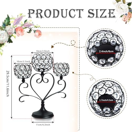 6 Pcs 3-Arm Heart Tea Light Candle Holder - Crystal & Metal Wedding Centerpiece Decor, Sparkling Table Decor for Anniversaries/Romantic Tabletop Home/Dinner Party/Events (6, Black) - Image 3