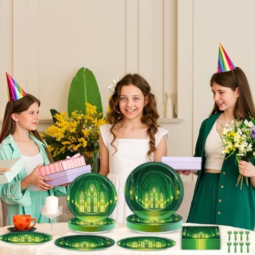 96Pcs Green Castle Paper Plates and Napkins Wonderland Theme Birthday Party Supplies Fairytale Movie Disposable Dinnerware Tableware Set for Princess Birthday Baby Shower Decorations Serve 24 - Image 5