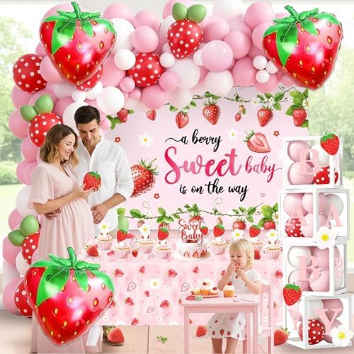 96Pcs Strawberry Baby Shower Decorations for Girl, Berry Sweet Theme Party Supplies with 4 Baby Boxes, 5x3ft Backdrop, Red Pink Balloon Garland Arch & Tablecloth for Summer Fruit Decor - Image 3