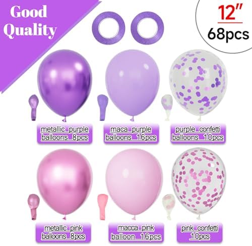 68Pcs Pink and Purple Balloons 12 Inch Metallic Purple Pink Latex Balloon Confetti ballons with Ribbons Party Balloons for Wedding Girls Birthday Baby Shower Decorations. - Image 2