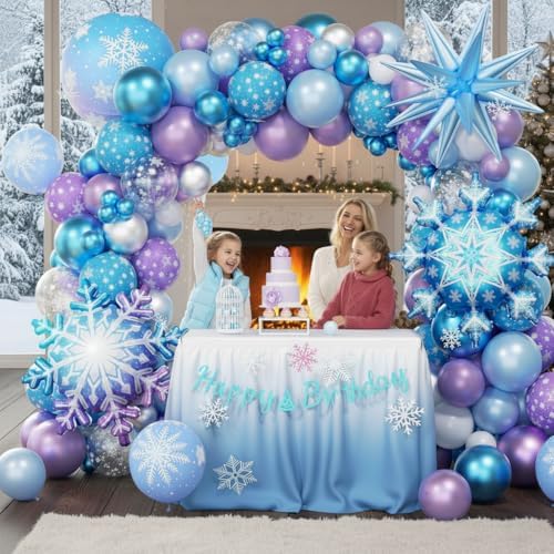 Frozen Balloon Arch Garland Kit 220pcs, Blue Purple White Balloons with Fringe Curtain Snowflake Balloons Birthday Banner for Winter Wonderland Baby Shower Snow Princess Birthday Party Decor - Image 7