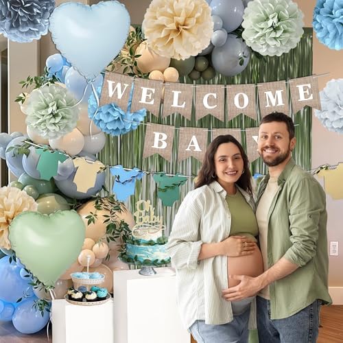 Blue Sage Green Baby Shower Decorations-Welcome Baby Boy Banner, Fringe Curtains, Paper Pompoms, Olive Green Dusty-blue Beige Cream Latex Balloon Décor For Boho Easter Jungle Baby Shower Blue Party - Image 5