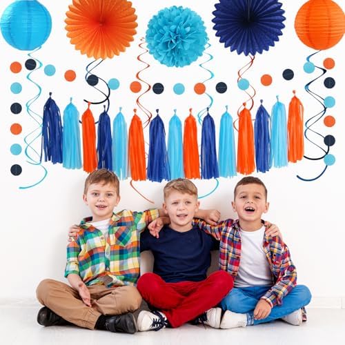 Royal-Light Blue Orange Happy-Birthday Party-Decorations - 31pcs Men Boys Paper Lanterns Streamers Banner,Navy Tissue Flowers Pom Poms Fans Tassels Garland Decor Backdrop Supplies Hugmoon - Image 6