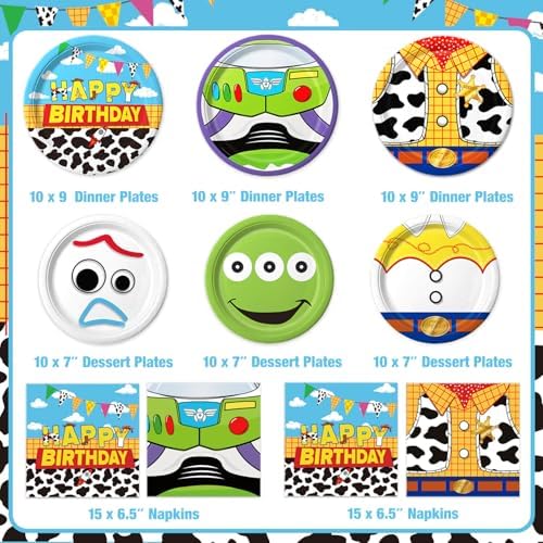 90Pcs Cartoon Birthday Party Supplies Cartoon Plates Napkins Tableware for Toy Theme Birthday Decor for 30 Guests - Image 2