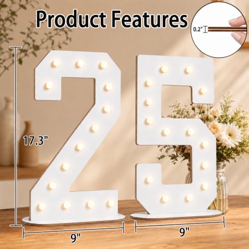 Pooqla 25th Birthday Decorations, 17.3 in White Wooden Light Up Numbers - Image 4