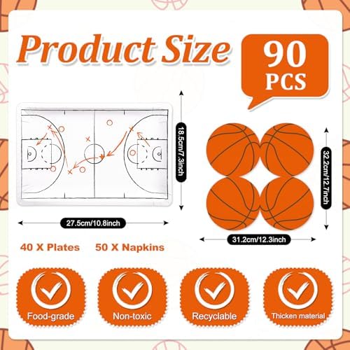 Whaline 90Pcs Basketball Plates Napkin Set Basketball Court Paper Plates Orange Sport Ball Disposable Napkins for Sport Birthday Tableware Supplies, Serves 40 - Image 2