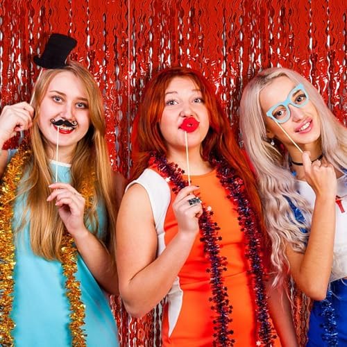 BOMSI Red Tinsel Foil Fringe Curtains Wavy Backdrop for Parties Sparkle Metallic Wavy Foil Fringe Backdrop Curtain for Party Decorations Photo Booth Props Birthday Graduation Wedding Valentines Decor - Image 6