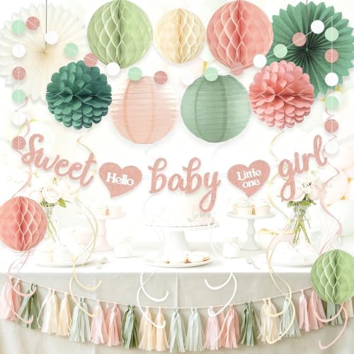 Sage Green Blush Pink Baby Shower Decorations with Sweet Baby Girl Banner - Image 6