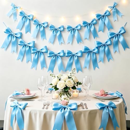 2 Strings Blue Bow Garland Banner, Pre-Strung Ribbon Bows Decorations for Birthday Party, Baby Girl Shower, Bridal Shower, Bachelorette Party, Girls Room, Wedding Decor, Christmas Tree Decorations by AERORIBOWEnjoyEveryDay