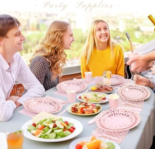 Pink Rose Gold Dots Party Plates,168PCS Birthday Tableware Party Supplies - Image 7