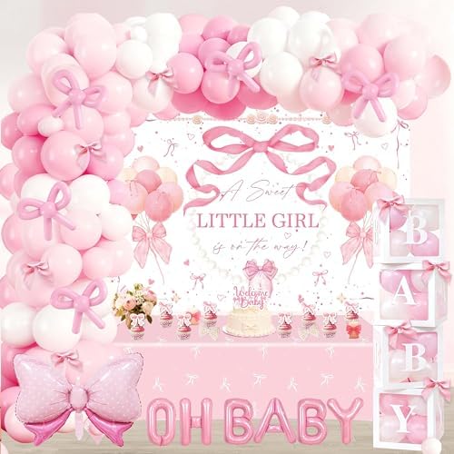 143Pcs Pink Bow Baby Shower Decorations for Girl, Coquette Party Supplies with 5x3ft Backdrop, 4 Baby Boxes with Letters, Balloon Garland Arch Kit, Tablecloth & Cake Toppers for It's a Girl Reveal by Jenlion