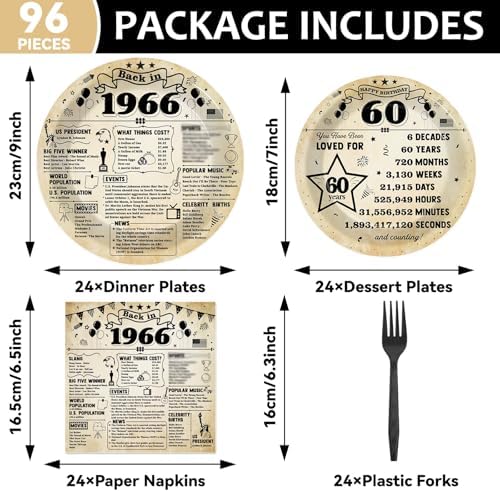 CHUNNIN 96Pcs 60th Birthday Plates and Napkins Back in 1966 Party Decorations Vintage 60 Year Old Party Dessert Plates 1966 Birthday Tableware for 24 Guests 60th Theme Men Woman Bday Parties Supplies - Image 2