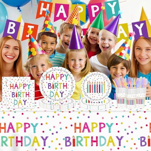 142pcs Happy Birthday Party Supplies Set with Colorful Polka Dots Design- Includes Disposable Paper Birthday Plates and Napkins, Cups, Tablecloth, and Banner，Dots Party Supplies Serves 20 Guests - Image 5