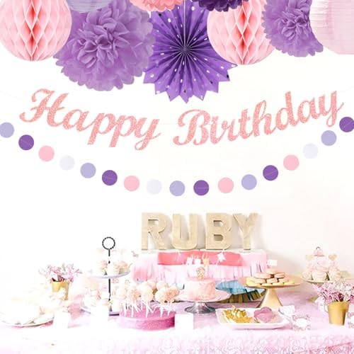Purple Lilac-Lavender Pink Women Birthday Party-Decorations - 21pcs Happy Banner,Paper Lanterns Honeycomb,Tissue Pom Poms Flower Fan,Classroom Hanging Streamers Garland,Girls Decor Supplies Huglony - Image 6