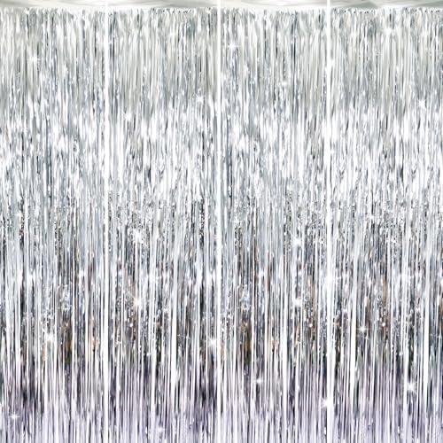 GOER 3.2 ft x 8.2 ft Metallic Tinsel Foil Fringe Curtains Party Photo Backdrop Party Streamers for Birthday,Graduation,New Year Eve Decorations Wedding Decor (4 Packs,Silver) by GOER