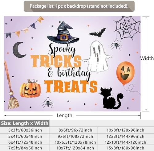 Spooky Halloween Backdrop Tricks and Birthday Treats Watercolor Ghost Pumpkin Witch Hat Background Kids Halloween Theme Birthday Party Decorations Cake Table Banner Photo Booth Props 5x3ft - Image 2