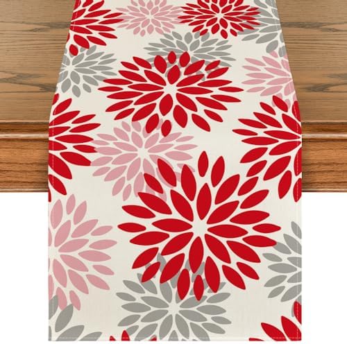 Artoid Mode Red Pink Dahlia Floral Pinnata Christmas Table Runner, Valentine Summer Kitchen Dining Table Decoration for Home Party Decor 13x90 Inch by ArtoidMode
