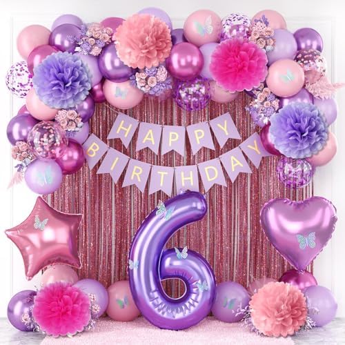 Pink Purple 6th Birthday Party Decoration for Girls Number 6 Princess Decor by KAINSY