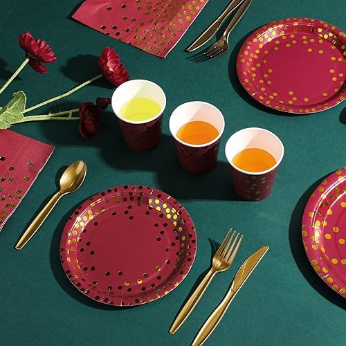 Tegeme 256 Pcs Maroon and Gold Dot Party Supplies Serve 36 Guest Burgundy Red Paper Plates Napkin Tablecloth Disposable Dinnerware Plastic Fork Knives Cup for Birthday Baby Shower Wedding Decoration - Image 6