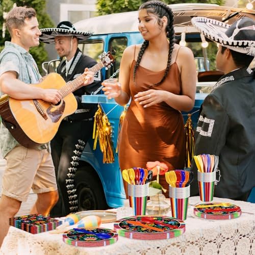 175 Pcs Fiesta Tableware Set – Serves 25, Mexican Party Supplies Disposable Plates, Cups, Napkins, Forks, Spoons, Knives with Floral and Serape Stripe Design for Cinco de Mayo, Birthday Celebrations - Image 6