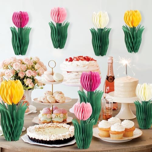 SUNBEAUTY 8 PCS Flower Honeycomb Decor Tulips Table Centerpieces Spring Decoration for Home Office Paper Flower Tulip Honeycomb Decor for Garden Party, Mother's Day Decoration - Image 2