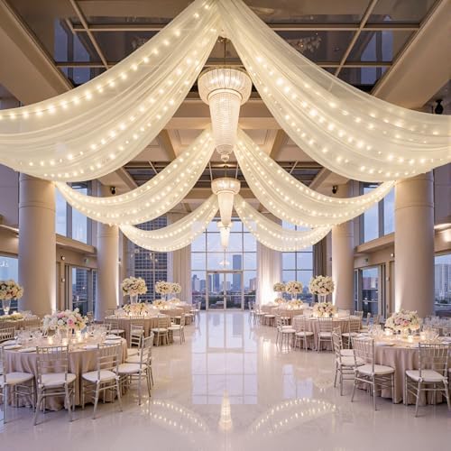 12 Panels Beige Ceiling Curtains with Lights for Weddings - 5ftx10ft Wrinkle-Free Tulle Fabric Wedding Arch Draping Ceiling Drapes Decorations for Wedding Party Ceremony Stage Tent Event by Unknown