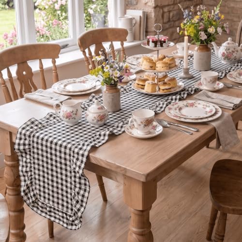 Artoid Mode Black Farmhouse Plaid Gingham Ruffle Table Runner, Seasonal Scalloped Retro Kitchen Dining Table Decoration for Home Party Decor 13x72 Inch - Image 6