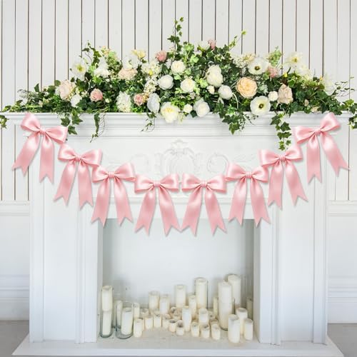 1 String of 8PCS Pink Bow Garland Banner Decoration,Pre-Strung Satin Ribbon Ornaments for Birthday,Bachelorette Party,Bridal Shower,Wedding,Engagement,Baby Shower,Graduation Decor,Anniversary by Unknown