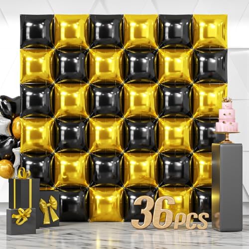 NISOCY 36PCS Black and Metallic Gold Square Foil Balloons Wall Backdrop by NISOCY