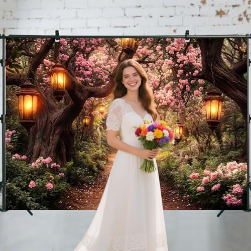 Pink Spring Enchanted Forest Backdrop, Cherry Blossom Road Fairy Tale Wonderland Garden Photography Background for Kids Girls, Baby Shower Birthday Party Decoration Cake Table Photo Booth Props 5X3FT - Image 2