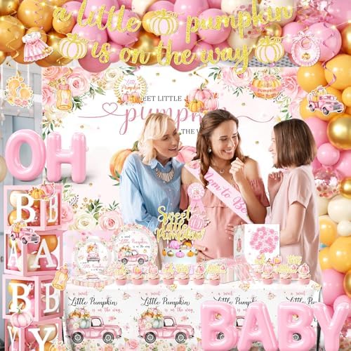 249pcs Little Pumpkin Baby Shower Decorations for Girl,A Sweet Little Pumpkin is On the Way Baby Shower,Pink Pumpkin Floral Balloons Plates Boxes Tablecloth for Fall Thanksgiving Autumn Party Decor - Image 3