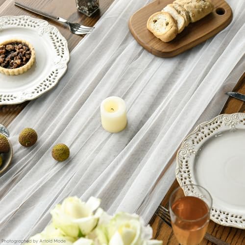 Artoid Mode 3PCS Ivory Gauze Table Runner 120 Inch 10FT, Seasonal Sheer Kitchen Dining Holiday Wedding Birthday Baby Shower Table Decor for Home Party - Image 5