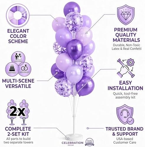 Balloon Column Kit Set of 2 With Balloons Included - with Base, and Pole,Balloon Tower Backdrop Decoration for Wedding, Baby Shower, Birthday Party, or Bachelorette Parties (Enigmatic Purple) - Image 3