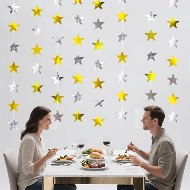 Gold Silver Shining Star Hanging Garland Gold and Silver Hanging Sparkling Star Streamer Glitter Bunting Banner Twinkle Backdrop for Wedding Baby Shower Birthday Christmas Decorations 40 Feet - Image 6